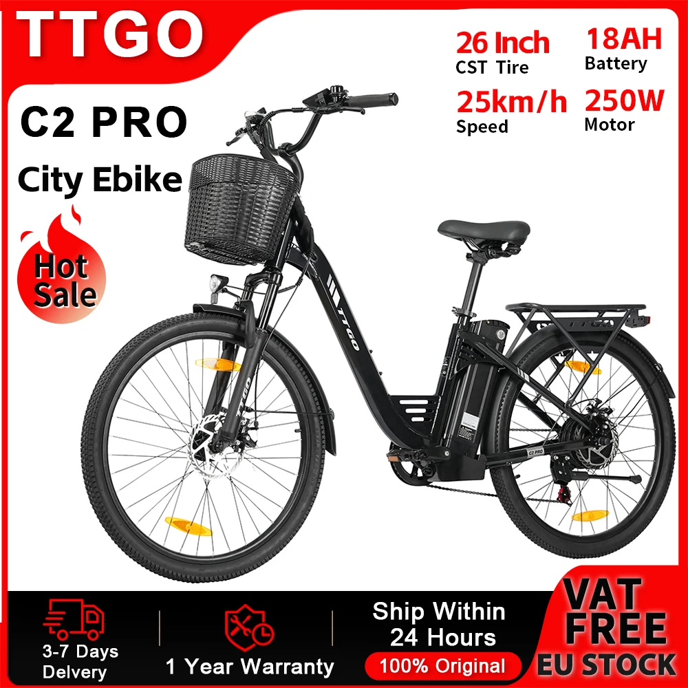 Vélo électrique TTGO C2 PRO, pneus de 26 pouces, vélo de montagne électrique, batterie amovible 36V 18AH, 25 km/h, 250W, vélo de ville pour trajets quotidiens