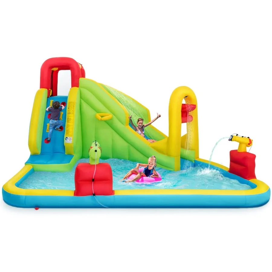 7 in 1 에어바운스 워터슬라이드, 슬라이드 2개, 클라이밍 월, 스플래시 풀, 농구대, 물총 2개 포함, 야외용