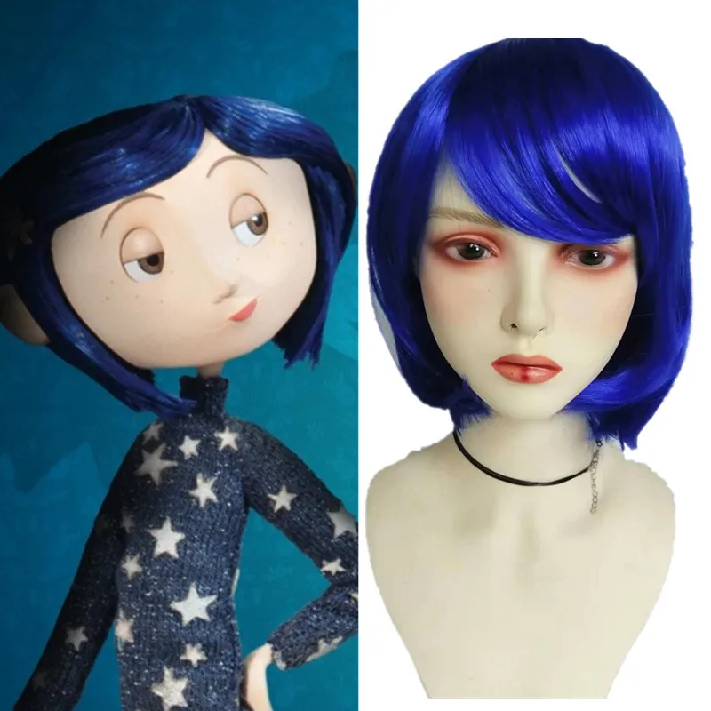 Caroline Ghost Mom Blue Bob Wig Coralinewig Ensemble de perruques transfrontalières en soie haute température