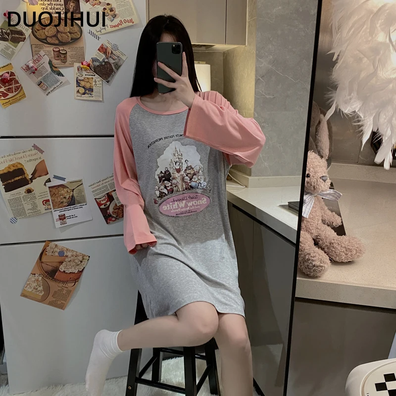 DUOJIHUI Sweet Classic O-neck Pullover Autumn Sleepwear Women Korean New Chicly Printing Contrast Color Fashion Female Sleepwear