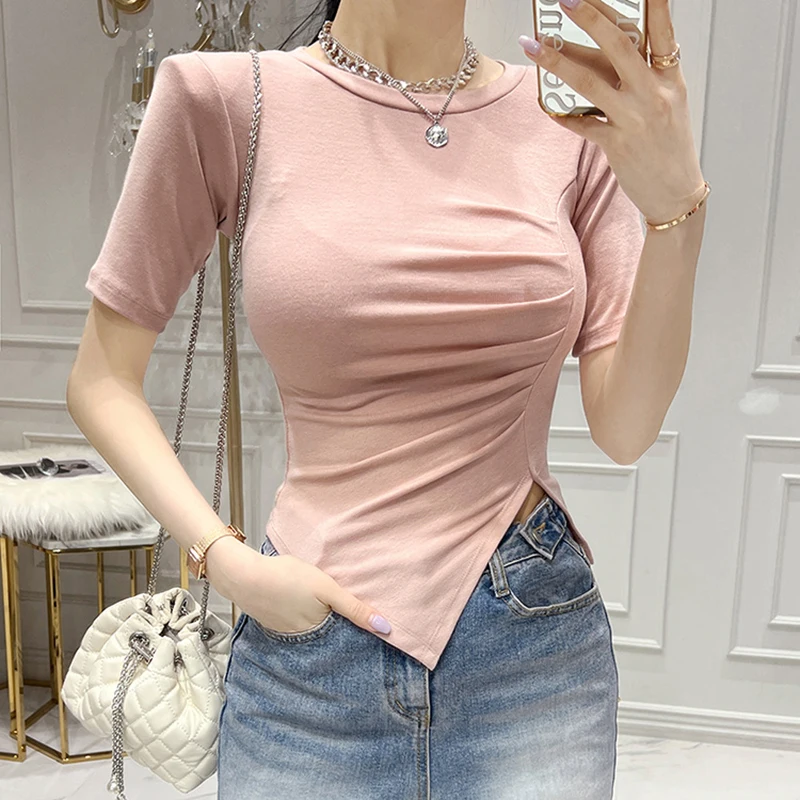 Y2k Clothes Women T Shirt Black Short Sleeve Crop Top Irregular Tees Ladies Sexy Skinny Tee Shirts Korean Style 2024 Summer Tops