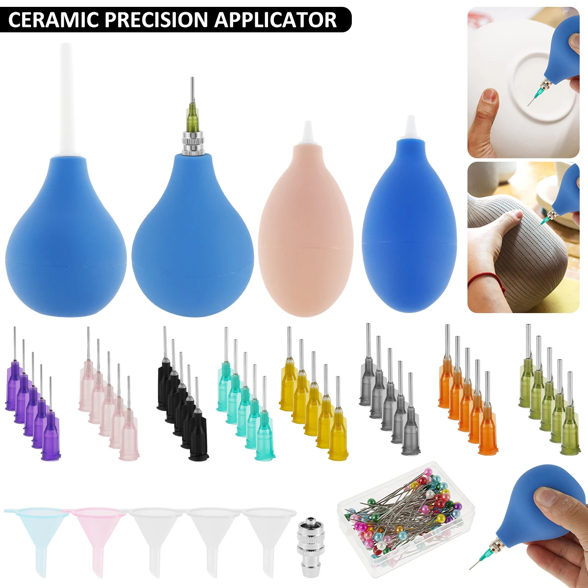 Pottery Precision Applicator Set with Plastic Steel Needle Funnel Ceramic Precision Tip Applicator Glaze Silicone Squeeze Bottle