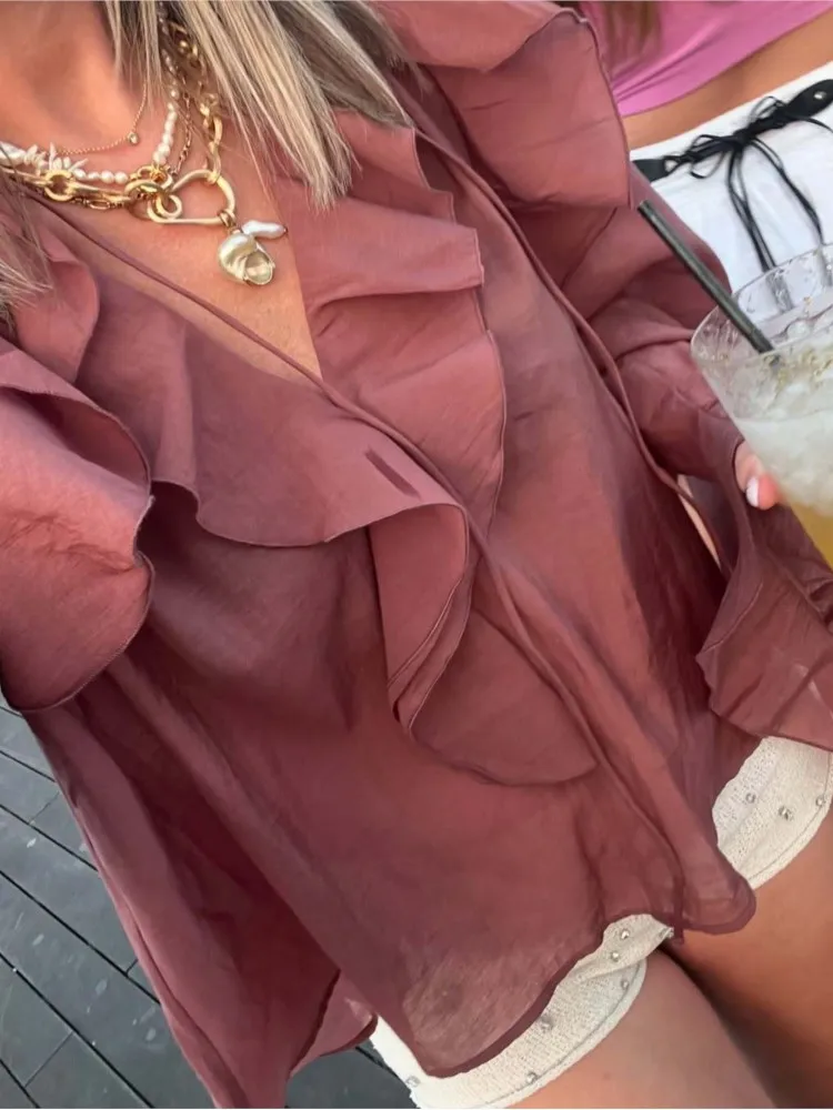 Summer New Wine Red Lace Up Ruffles Women Shirt Temperament Casual Semi-Transparent V Neck Long Sleeve Versatile Top For Women