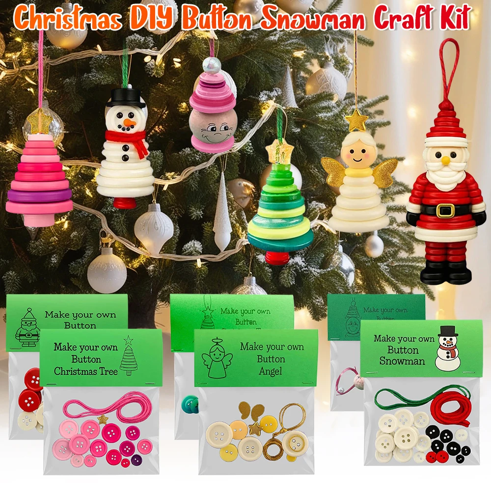 Kit de manualidades de muñeco de nieve con botón DIY de Navidad, juego de adornos de Papá Noel reutilizables hechos a mano, decoración colgante de árbol de Navidad, Kits de decoración DIY para vacaciones