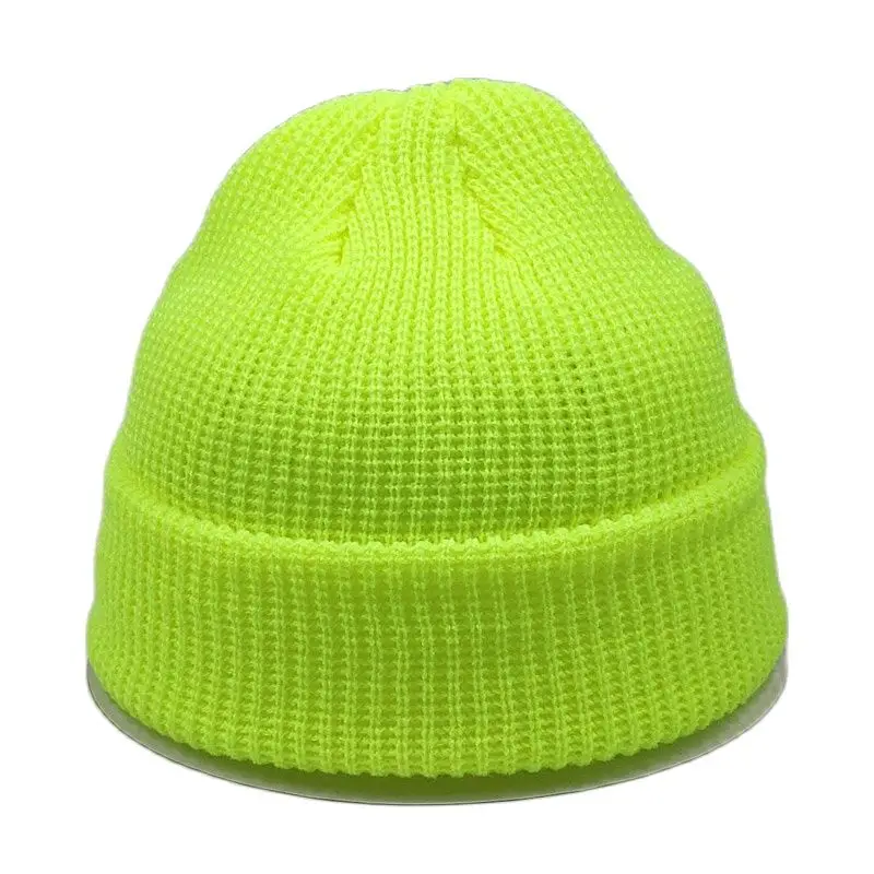 Short Plain Cuffed Hat Beanies Women Men Winter Knit Skull Cap Hip Hop Streetwear Neon Yellow Orange Bright Green