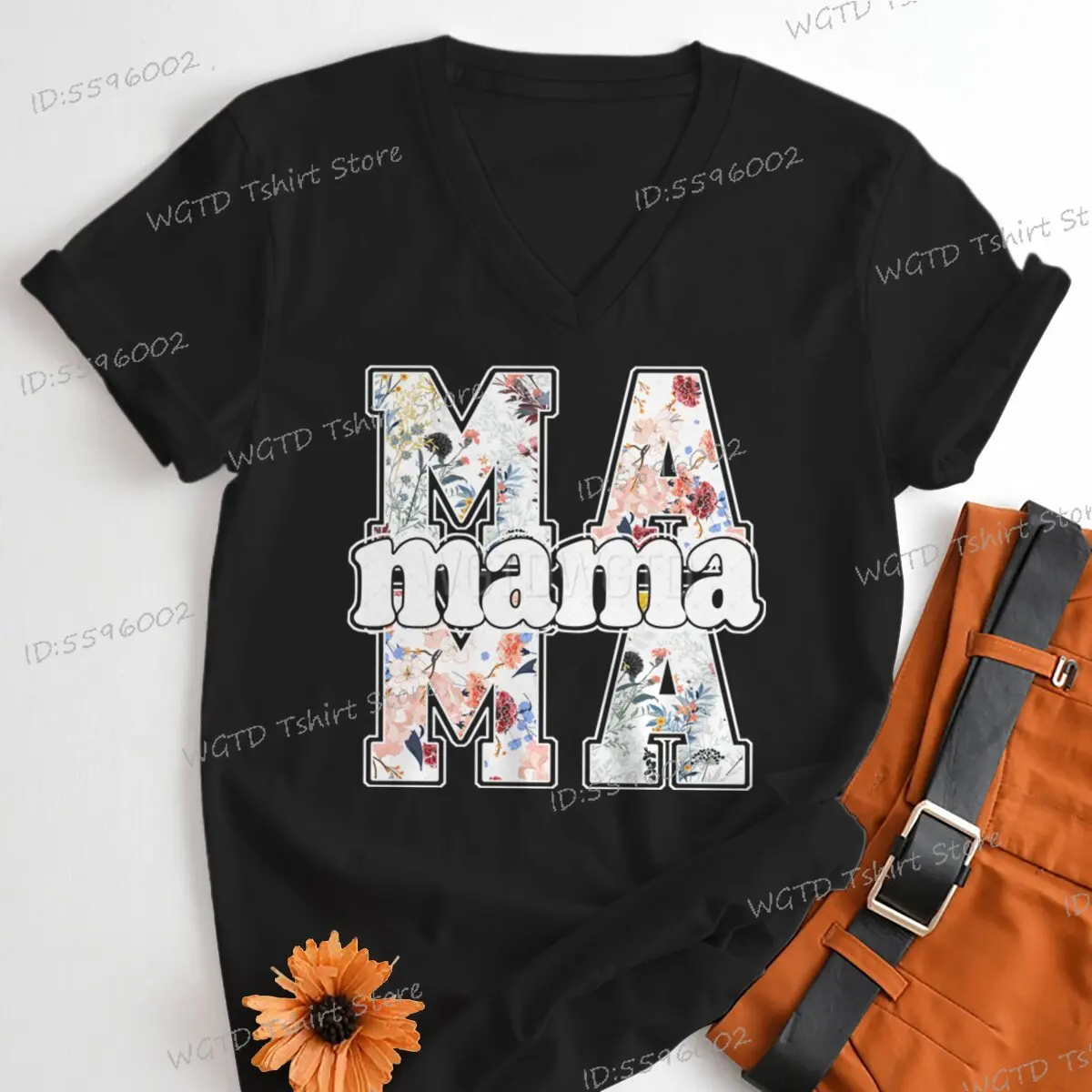 Retro Mama Shirt Design Mother's Day Fashion Casual Tops Funny Gift for Mama V-neck Top Women Flowers Mama Vintage Classic Tops