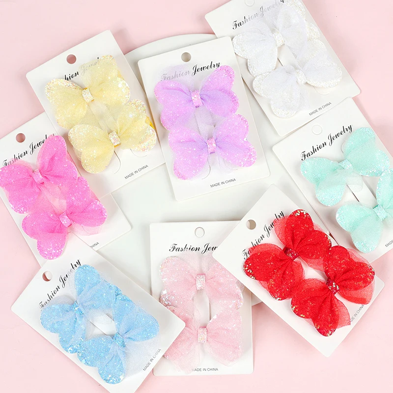 

Children's Butterfly Hairpin New Double Solid Color Butterfly Bill With Mesh Sequin Hairpin