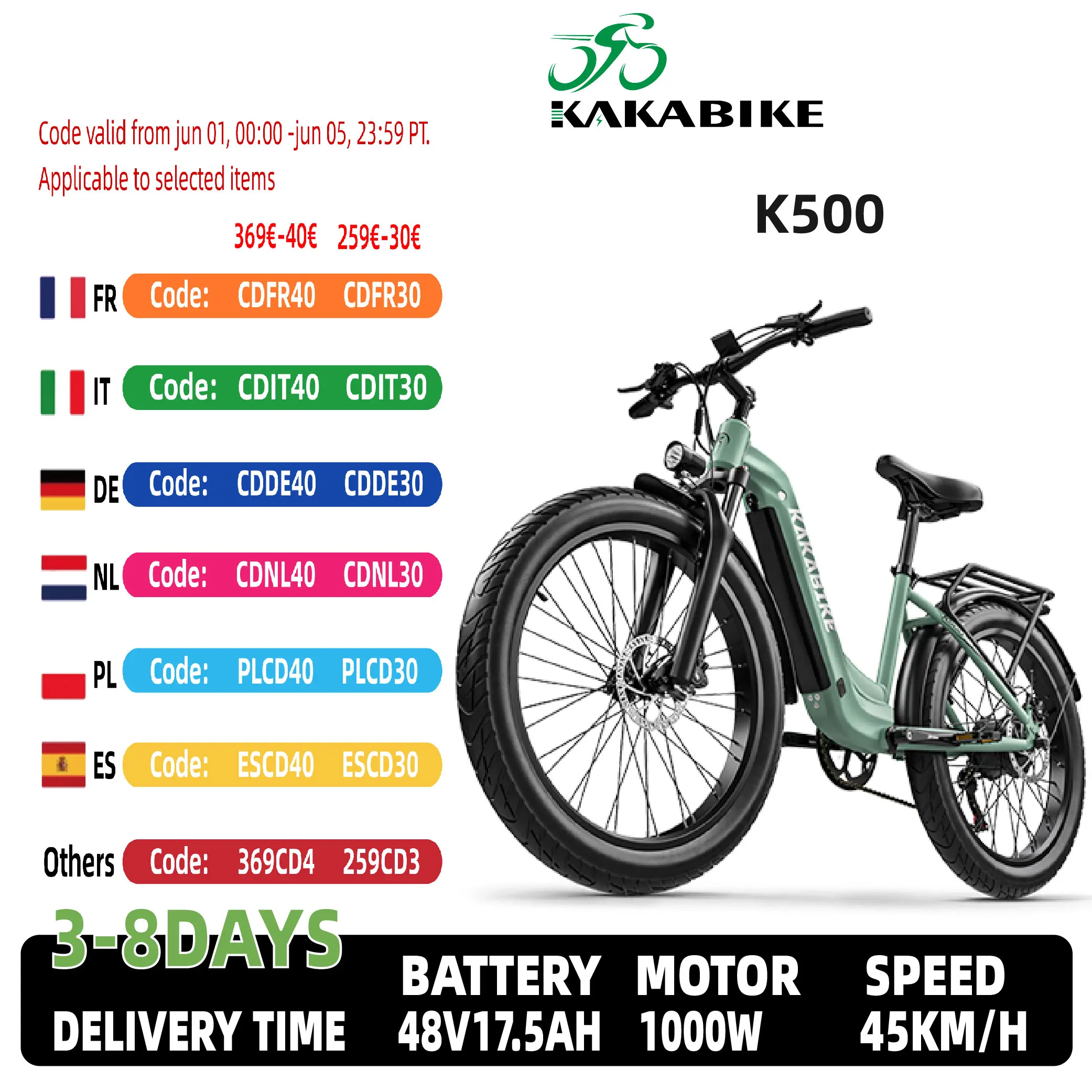 KAKABIKE K500 Elektrofahrrad 48 V 17,5 Ah Batterie 1000 W Motor Höchstgeschwindigkeit 45 km/h