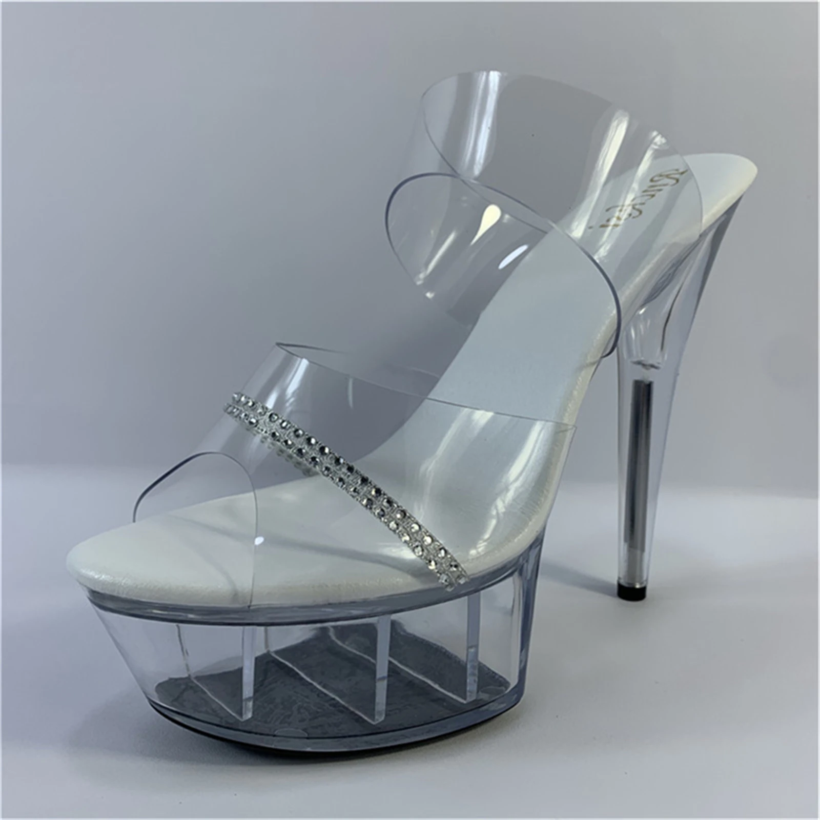 

​15CM Crystal Strap Slide Sandals Clear, Transparent Platform Heels with Fully Rhinestone Band & Chunky Sole, Glass Slipper for