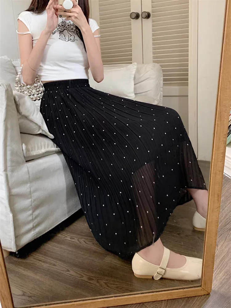 Polka Dot Chiffon Pleated Women's New Polka Dot Mid-length High Waist Drooping Slim and Versatile Skirt