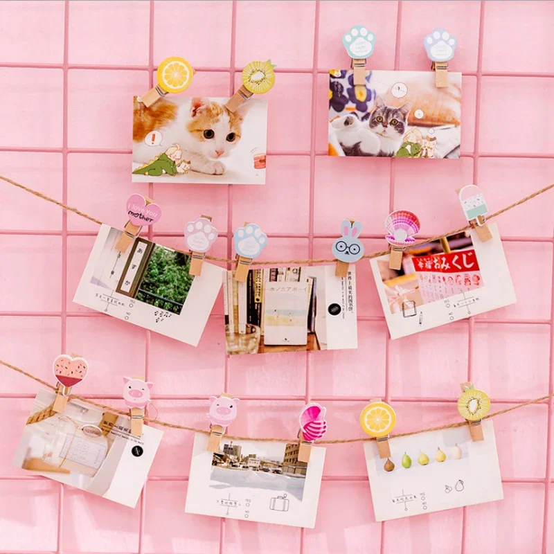 10pcs Kawaii Ins Girl wooden clips with hemp rope Photo Wall Decoration bag clips wood pegs Hanging Leave Message