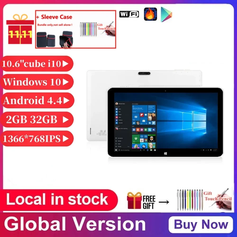 Hệ Điều Hành Kép 10.6 ''Core 2GB RAM 32GB ROM Cư Được I10 Windows 10 + Android 4.4 máy Tính Bảng Tablet 1366 * 768IPS Cảm Ứng Màn Hình HDMI-Tương Thích