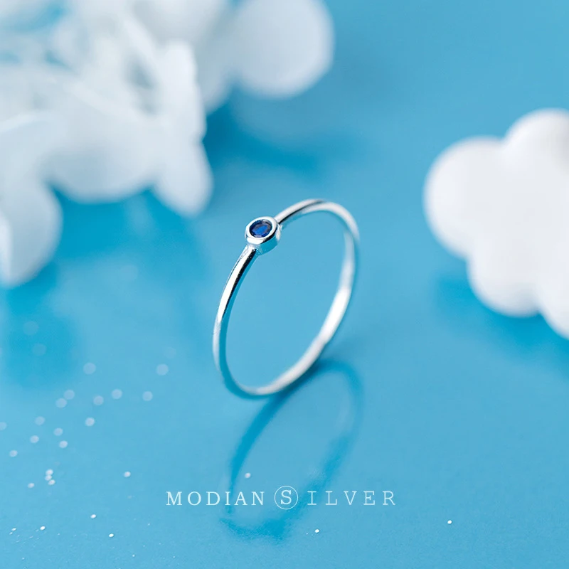 Modian 2020 New Genuine 925 Sterling Silver Simple Navy Blue Crystal Ring  for Women Fashion Minimalist Ring Fine Jewelry Bijoux