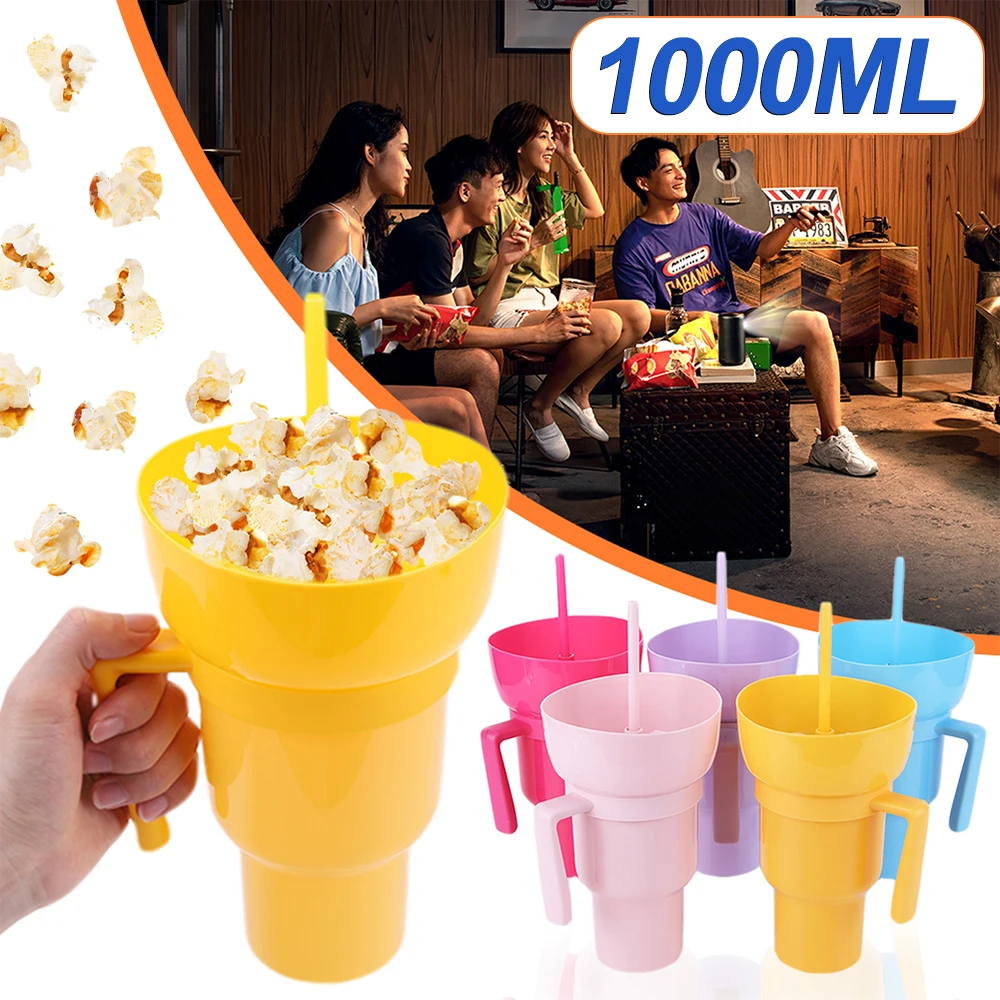 

1000ml Portable Snack Container Multifunction Stadium Tumbler Popcorn Beverage Cup with Straw & Handle for Cinema Home Travel