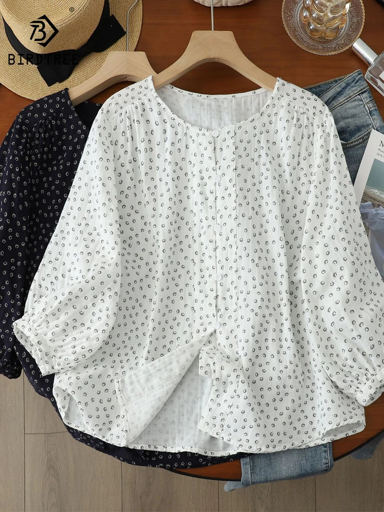 

New 2026 Summer Women Cotton Yarn 3/4 Sleeve Shirt, O Neck Print, Mori Girl Ethnic Style Comfortable Thin Loose Blouse T65591CC