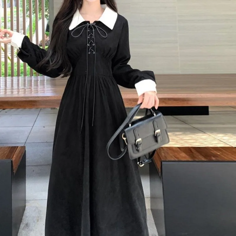 Women Vintage Corduroy Bandage Contrast Color High Waist Elegant Party Dresses Y2K Harajuku Long Sleeve Slim Midi Dress Vestidos