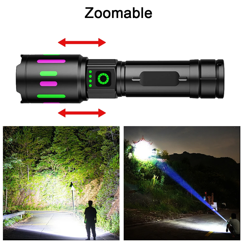 ハイパワーLED懐中電灯,長距離,強力,充電式,防水トーチ,屋外キャンプ,ハイキング用ランタン