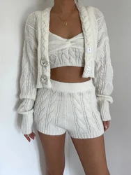 Two Pieces Set, 3 Piece Set, Solid Outfit Button Crystal Rhinestone Sweater Coat Crop Top, Elastic Waistband Short Tracksuit y2k