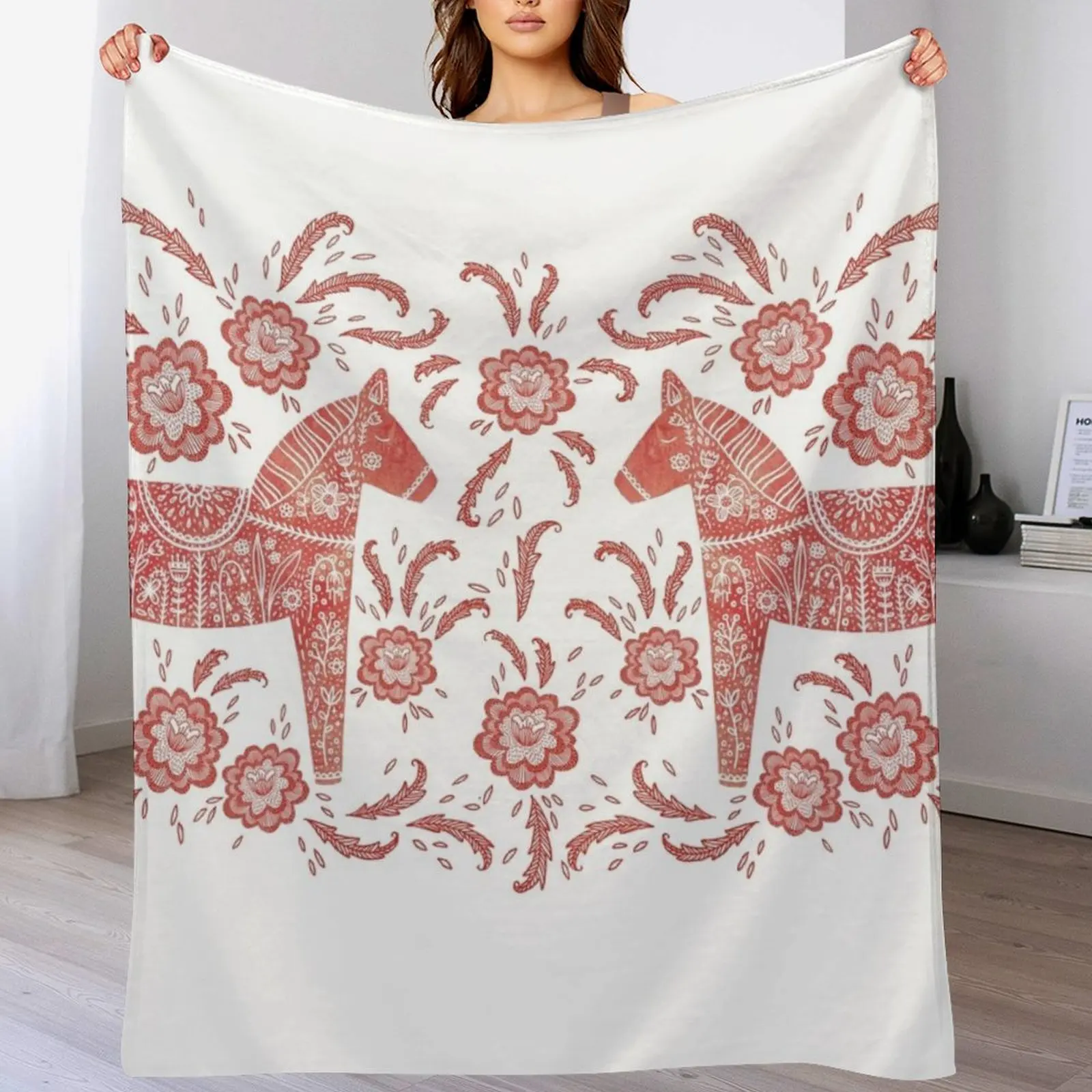 

Swedish Dala Horse Folk Art Throw Blanket Luxury Designer wednesday Luxury Throw Summer Blankets