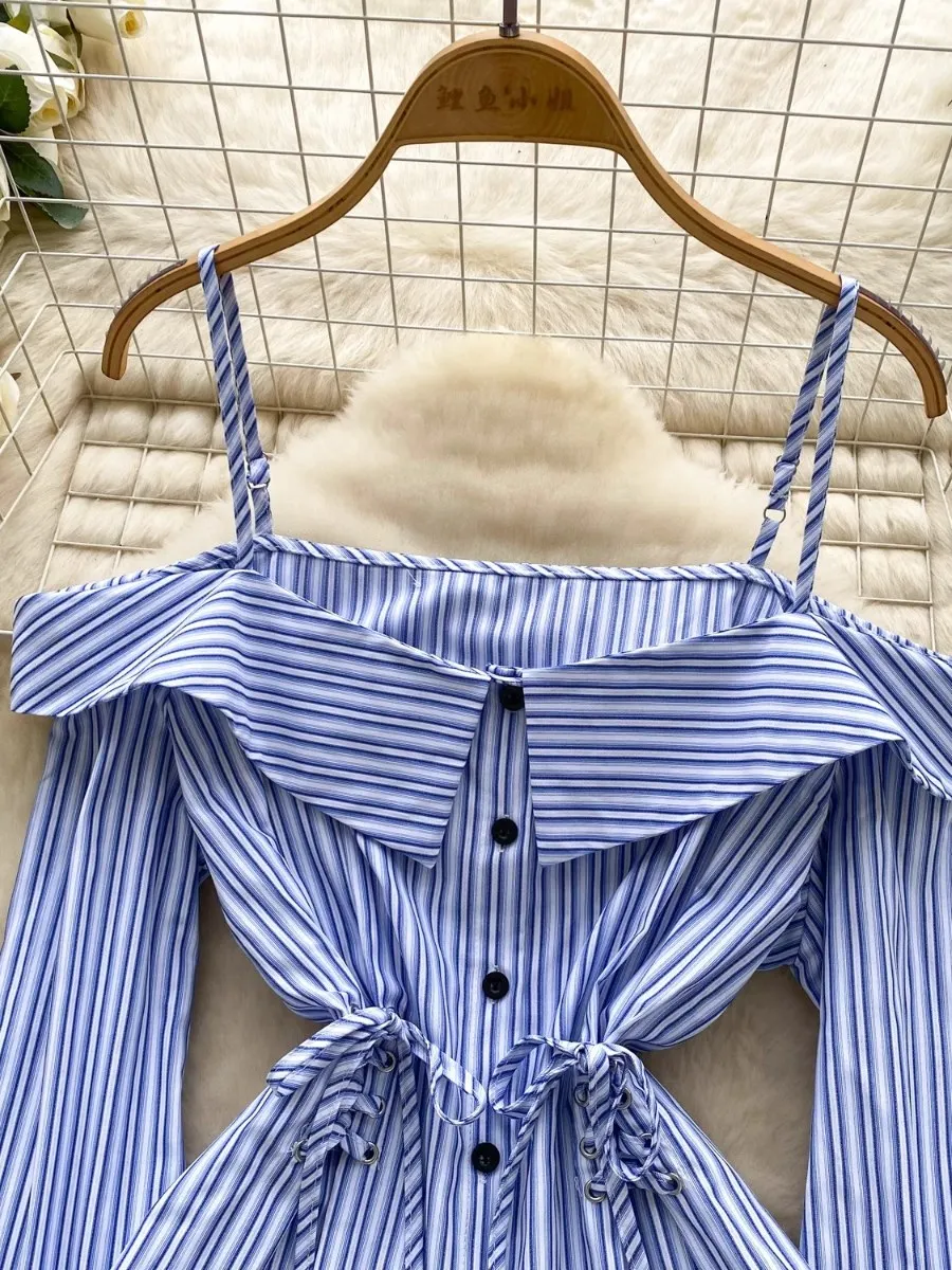 Foamlina-Blusa elegante con hombros descubiertos y tirantes Halter para mujer, blusa a rayas con cintura ceñida, camiseta única con una botonadura