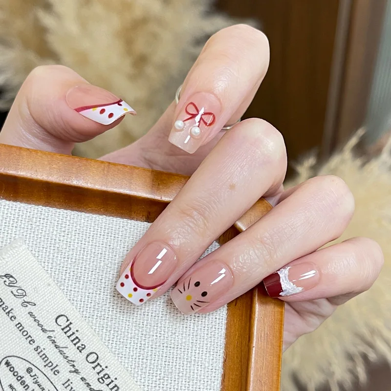 

24PCS White French Cute Polka Dot Fake Nail Red Bow 3D Pearl Pressing on Nail Art Ins Style Sweet Short Nail Art
