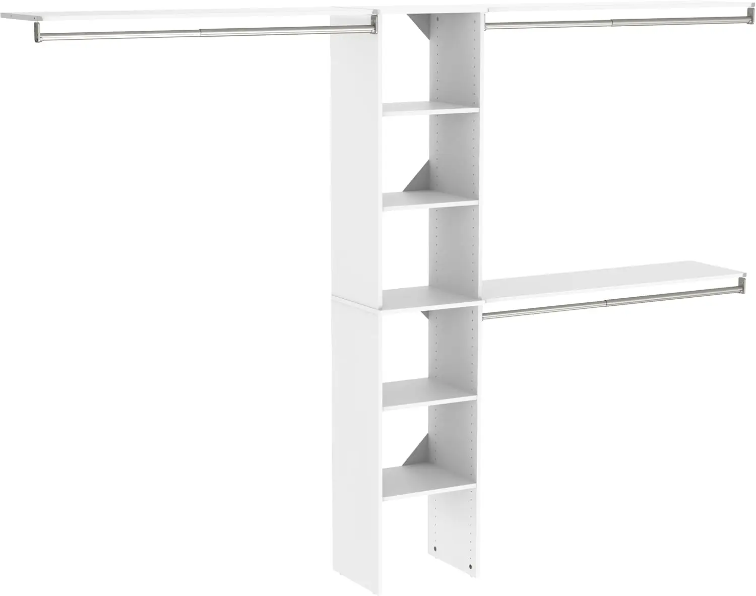 Wood Closet Organizer Kit with Tower, 3 Hang Rods, Top Shelves, Adjustable, Fits Spaces 5 - 9 ft. Wide, Pure White