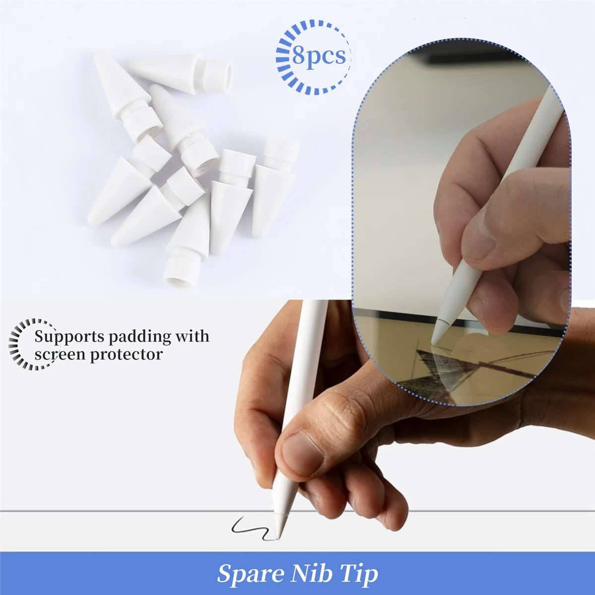 T88C 8 Pack Replacement Tip for Pencil Nibs for Pencil 1St & 2Nd Generation (White)