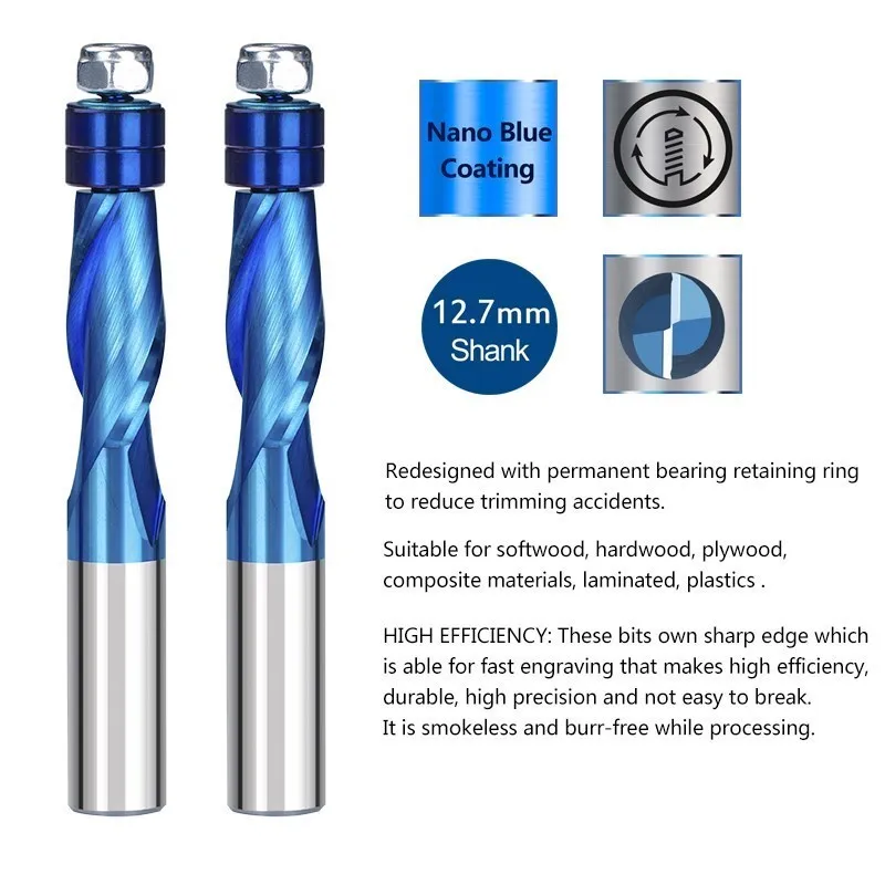 Milling Cutter 2 Flute Trim CNC Router Bits 1/2 1/4 Shank End Mill Nano Blue Coated Carbide Up/Down Cut Milling Tools