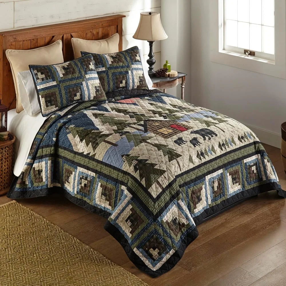طقم لحاف خفيف الوزن على طراز لودج لسرير كينج - 3 قطع مع لحاف وسادتين، تصميم فورست هيل #3