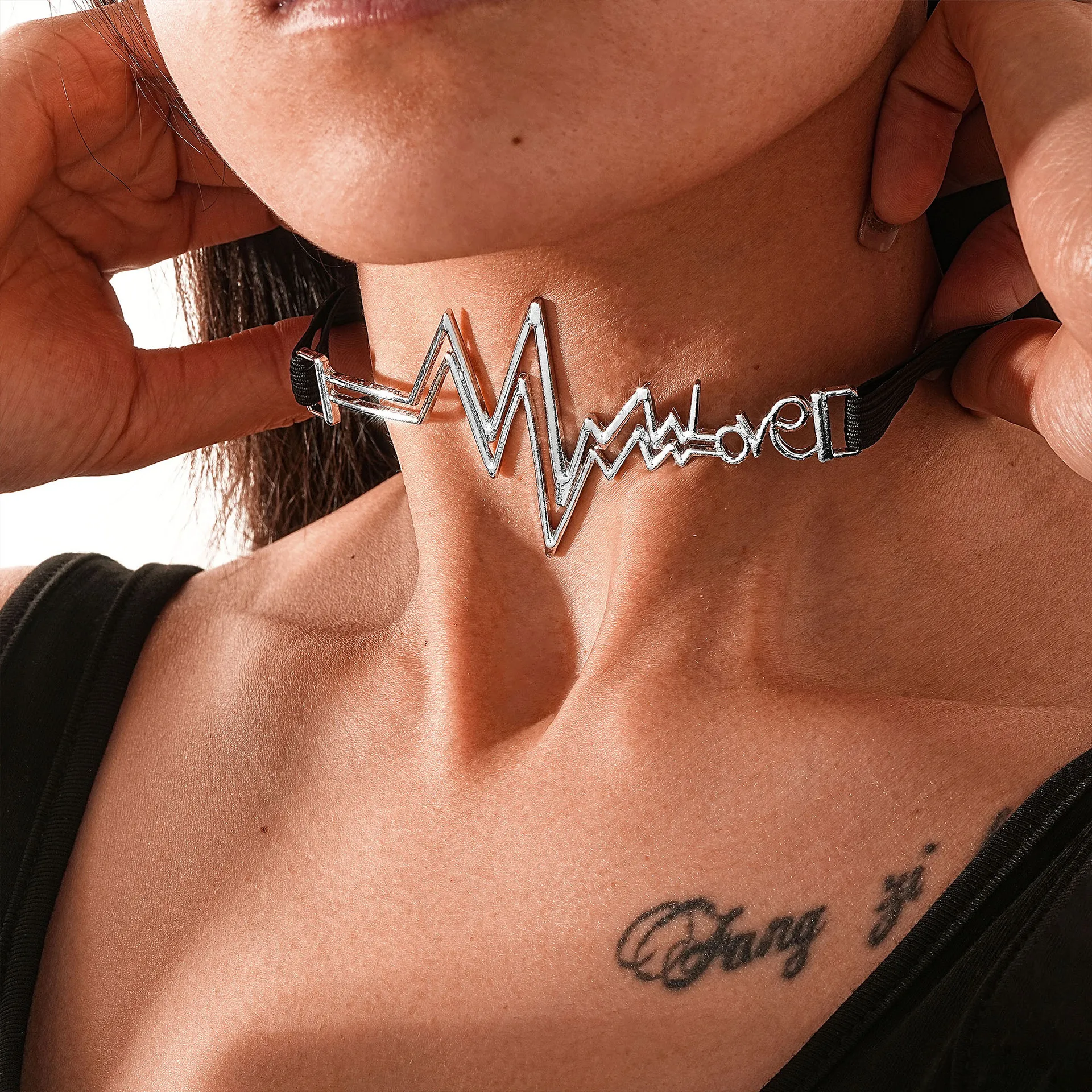 

Personalized Electrocardiogram Love Alloy Black Elastic Rope Necklace