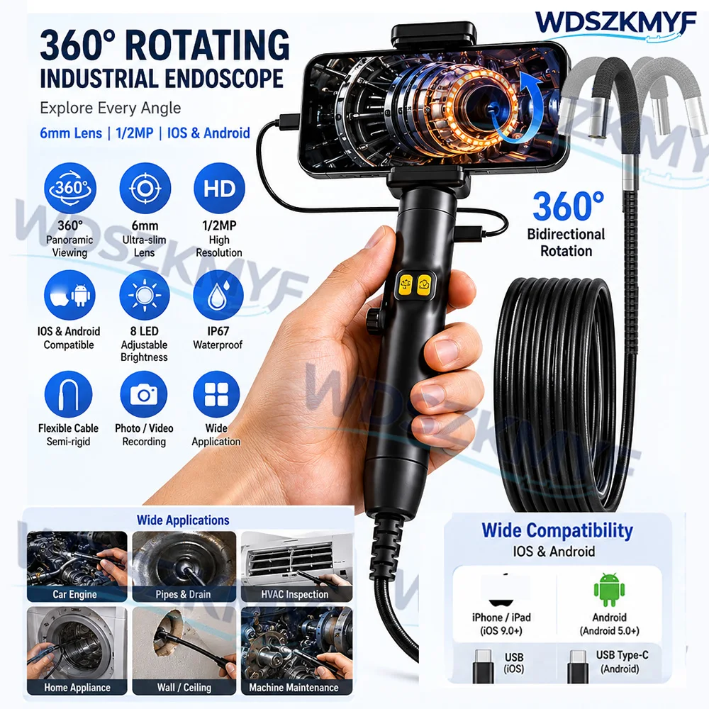 360°Rotation Sewer Camera 6/8mm Two-Way Endoscope Articulating Industrial Borescope Snake Camera with Light Support Android IOS