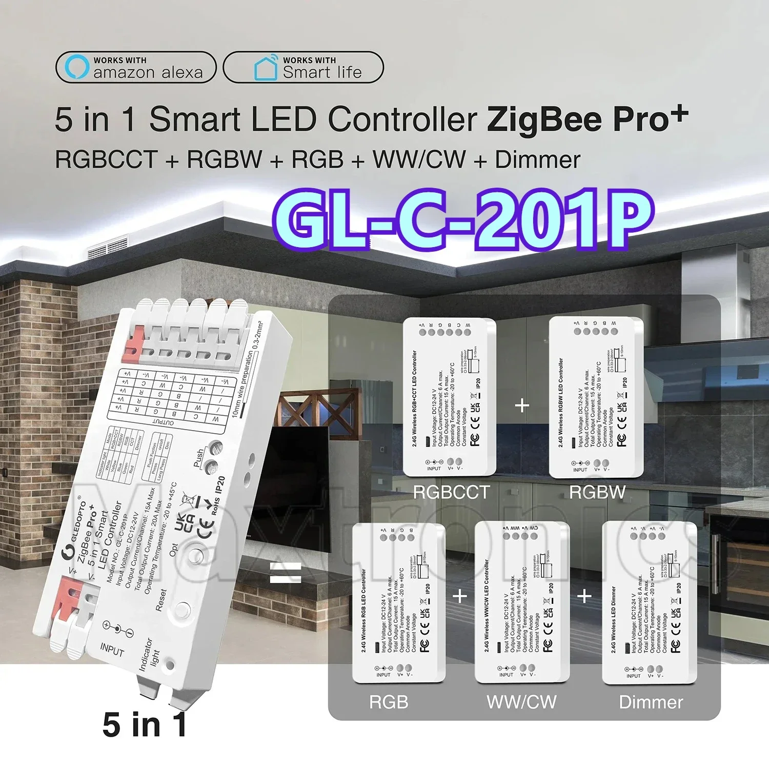 Hot GL-C-201P/GL-C-601P/GL-RC-006Z 5in1 ZigBee 3.0 Pro LED Controller RGBCCT RGBW RGB CCT Dimmer App Voice for LED Strip Light