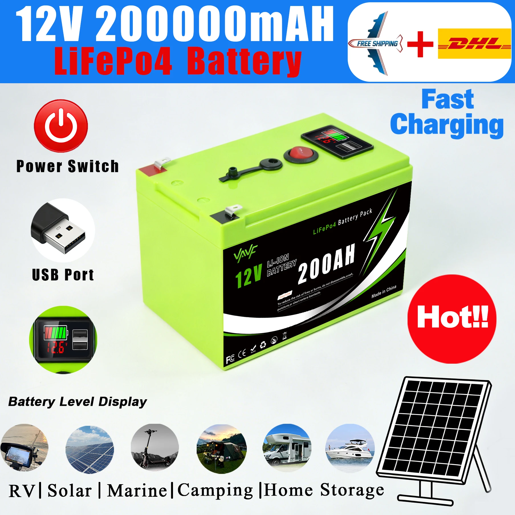 

Перезаряжаемая батарея 12 В, солнечная батарея 200 Ач с BMS-оптизированной для домашних солнечных систем, автофургонов, электрических автомобилей и лодок