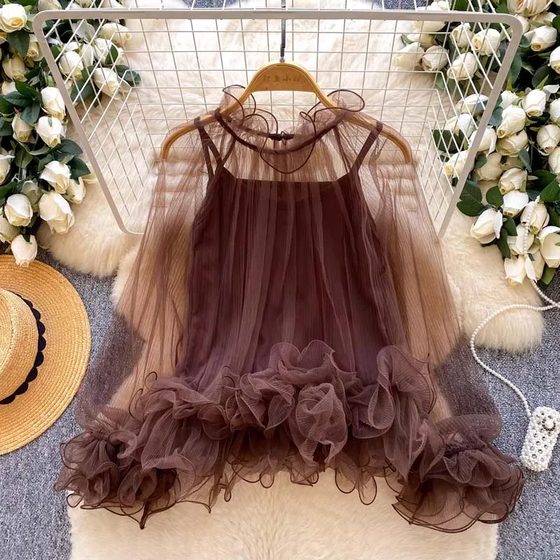 

Комплект из двух предметов: однотонный топ с рюшами и длинными рукавами из сетки, винтажный элегантный стиль, корейский уличный стиль, летние базовые футболки в стиле High Street