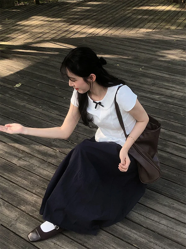 Sweet Korean Style Doll Collar Women's Shirt Short Sleeve Slim Fit Summer Fashion White Fishbone Line Top  Knot T-shirt