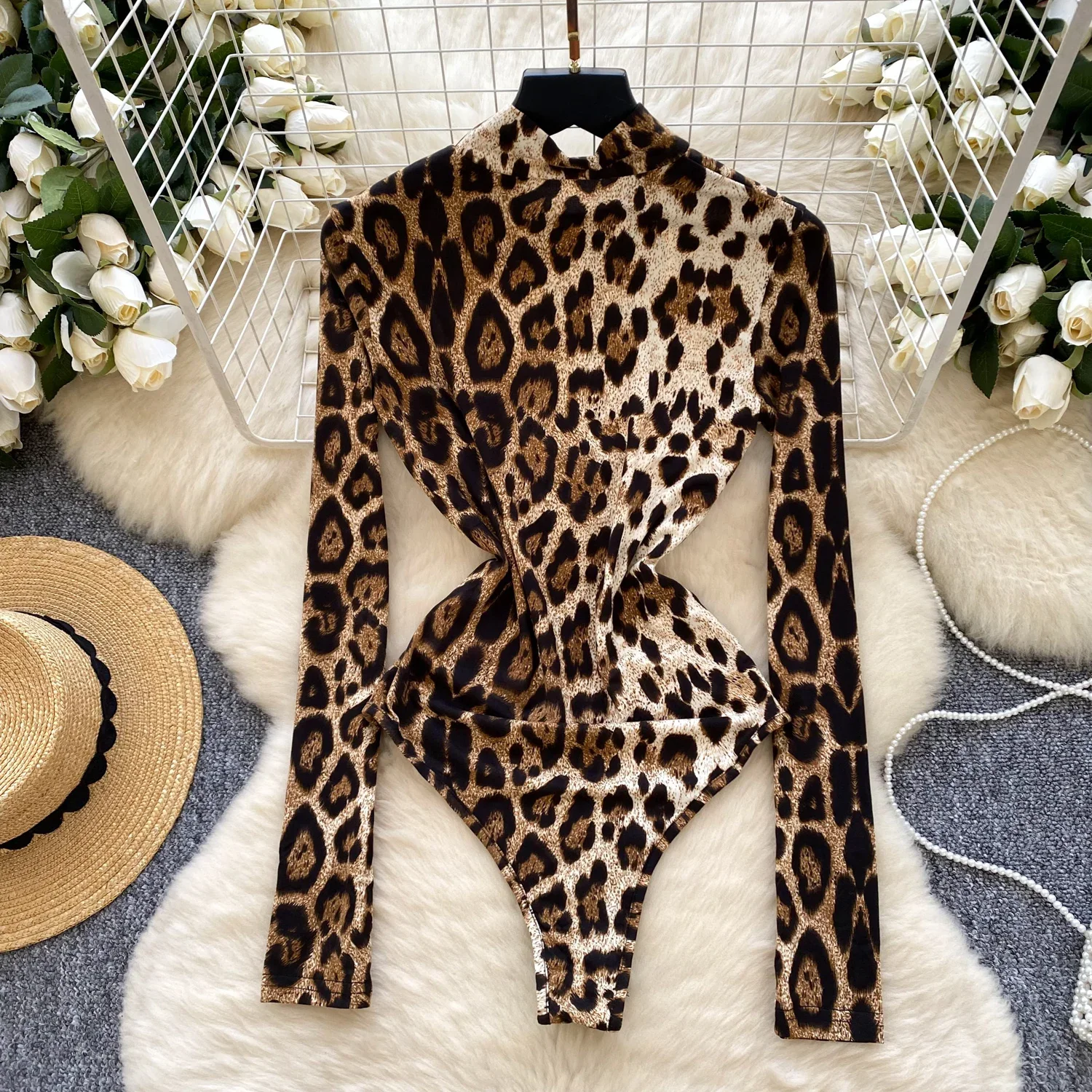 Hotsweet Half High Collar Elegant Long Sleeves Chic Leopard Print Bodysuits Top Korean Sexy High Street Autumn Winter Jumpsuit