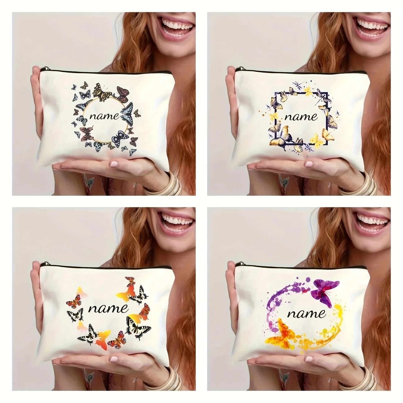 Customizable Butterfly Frame Printed Makeup Bag Travel Cosmetic Pouch Gift Bag Fashionable Style Foldable Zippered Pocket