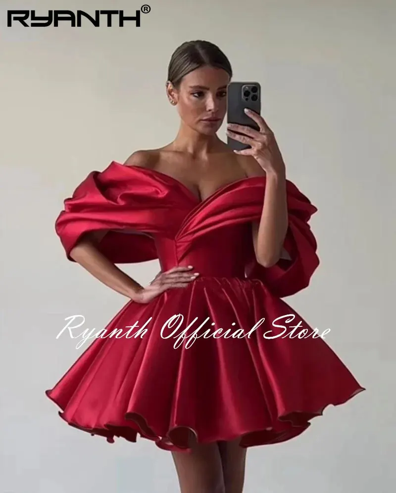 Ryanth Short Prom Dress Red Off The Shoulder Above Knee Satin Formal Evening Gowns Girl Vestidos De Graduación Pleat Party Dress