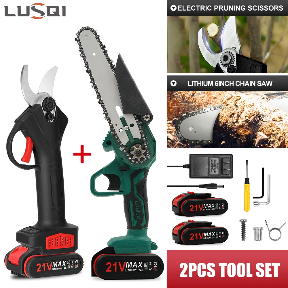 

LUSQI 1/2 PCS Lithium Battery Cordless Pruning Shears & 6 inch Chainsaw Cutting Pruning Branch Set Garden Tools