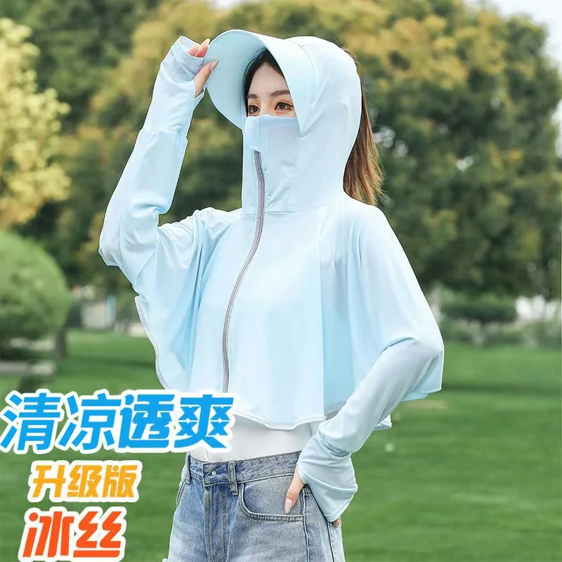 Nuevo verano mujer ciclismo con capucha transpirable protección solar camisa conducción sombrilla chal ropa