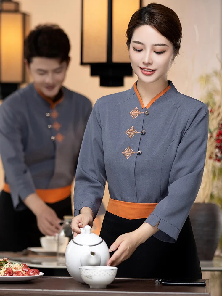 Long Sleeve Winter Women Waitress Uniform Restaurant Waiter Uniform Man Chinese Cafe Workwear Hotel Food Service Overalls