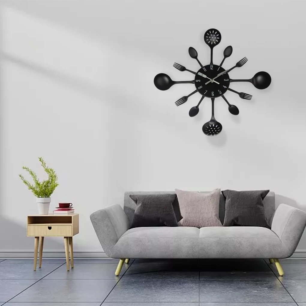 Cutlery Kitchen Wall Clock 3D Removable Modern Style Spoon Mirror Hanging Ornament Quartz Dining Hall Home Decor