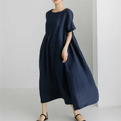 Johnature Summer New Korean Women Dresses 2024 Casual Solid Color O-neck Short Sleeve Pockets Simple Dress