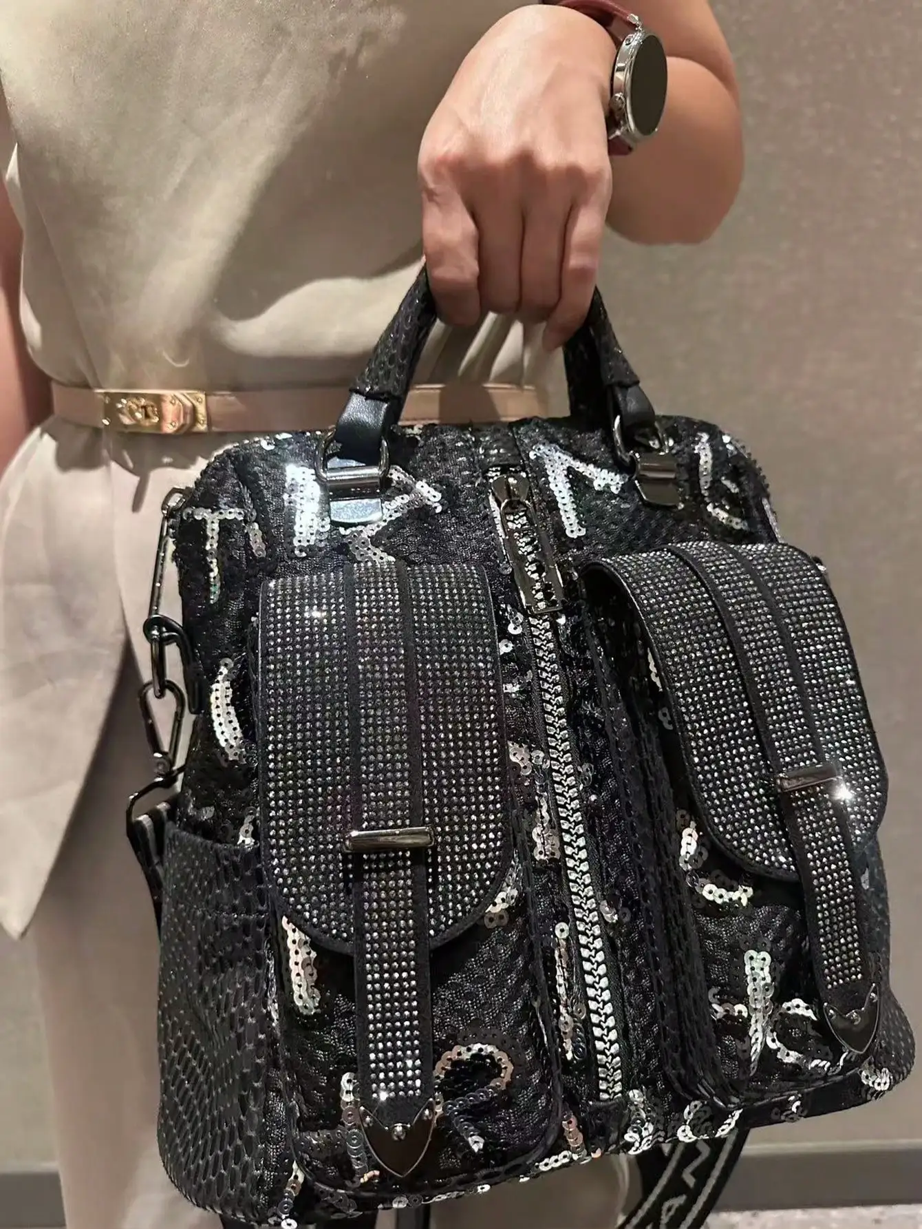 

Sequin three-way bag, fashionable shoulder crossbody handbag, versatile casual backpack for commuting