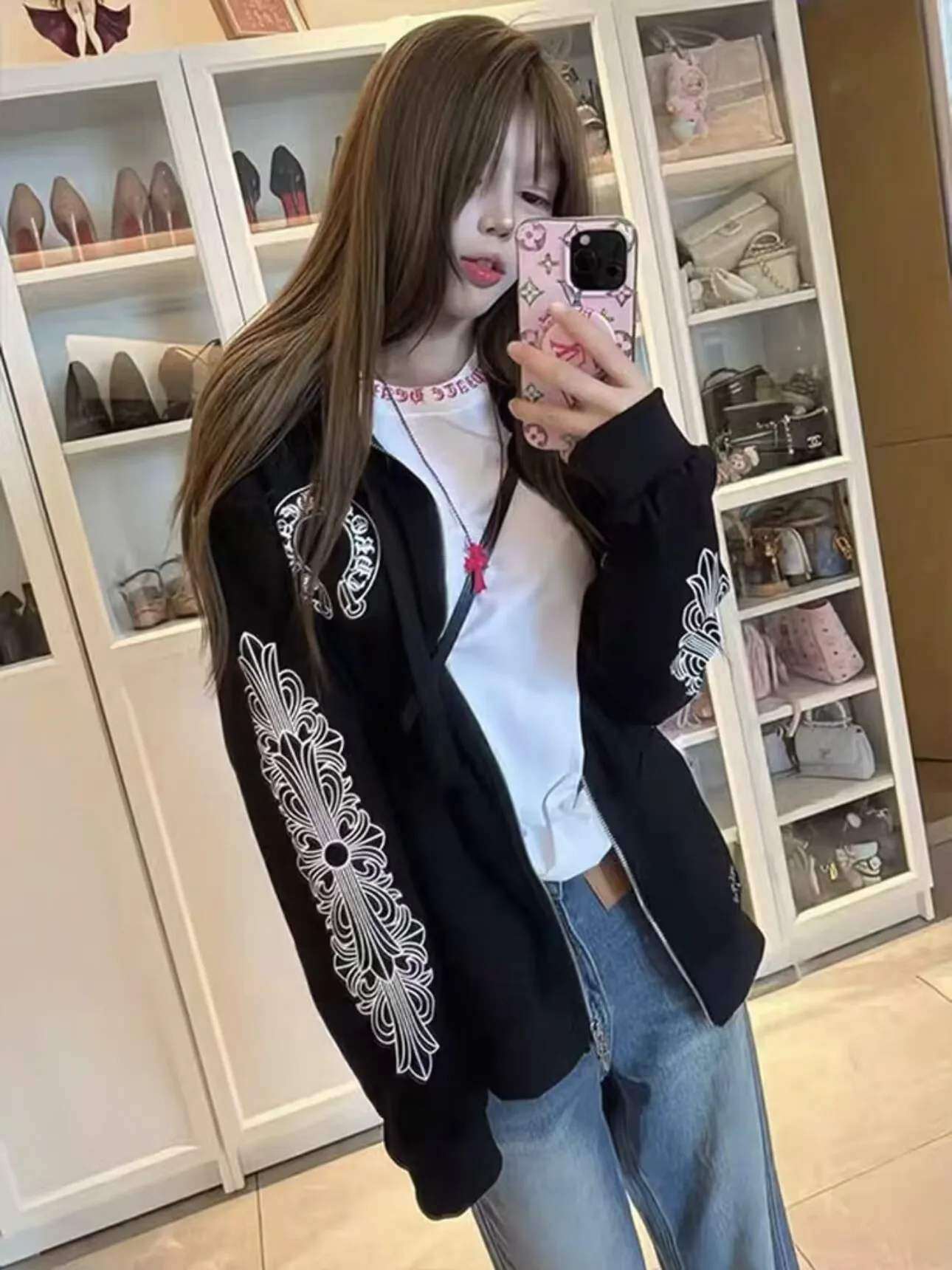 Street Sle Hoodie Damen Herbst Winter Casual Paar Offene Strickjacke Jaet Loose Fit Bedruckt Lange Sve Reißverschluss