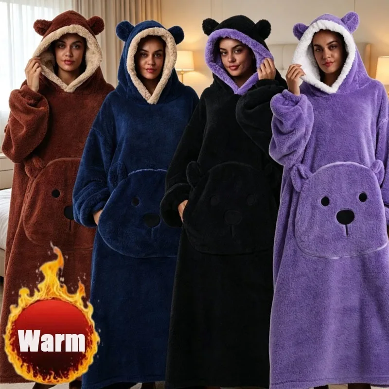 1PC Oversized Hooded Winter Pajamas Couple Thick Flannel Long Sleeve Loungewear Solid Color for Home Sofa and Outdoor Wear