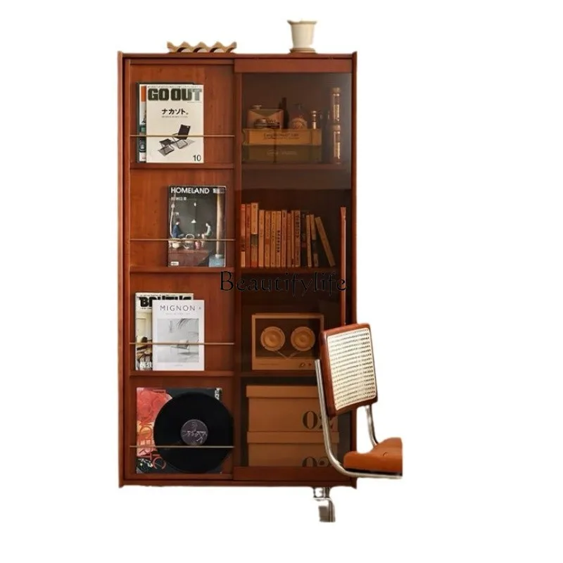 

*Nordic solid wood retro bookcase simple study storage magazine locker