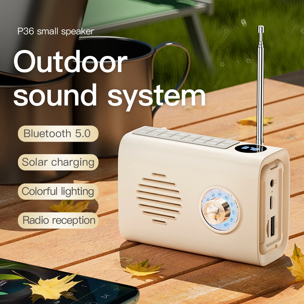 P36 Solar Rechargeable BT 5.0 Vintage Style Speaker Multi-function Portable Radio with Atmosphere Lighting TF USB AUX Ports