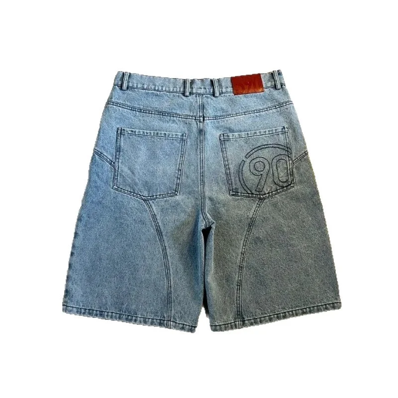 MWJLPWQ American Retro Denim Shorts Male Street Style Embroidered Trendy New Washed Loose Casual Pants For Summer 16657