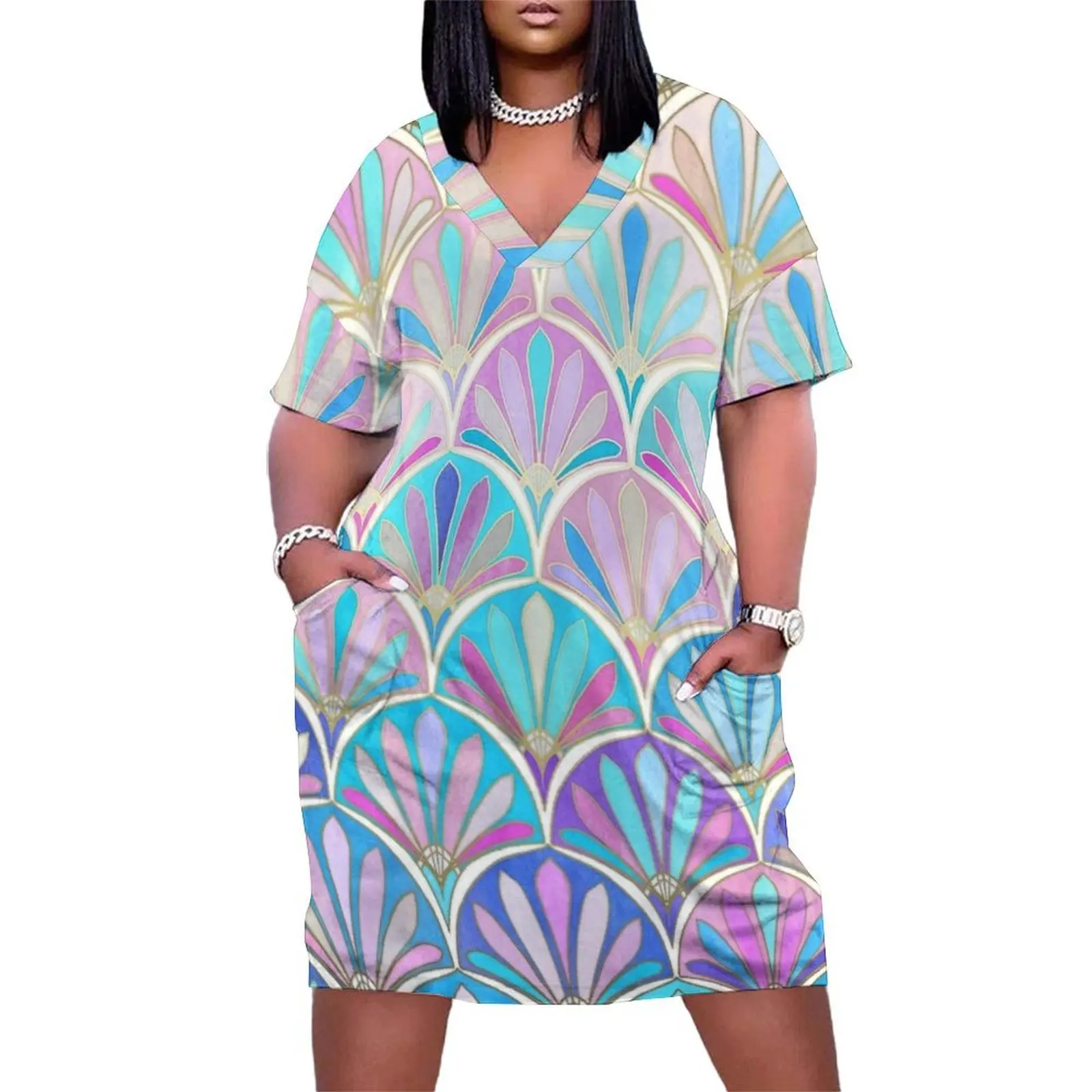 Glamorous Twenties Art Deco Pastel Pattern Loose Pocket Dress Long dress woman summer women's suit